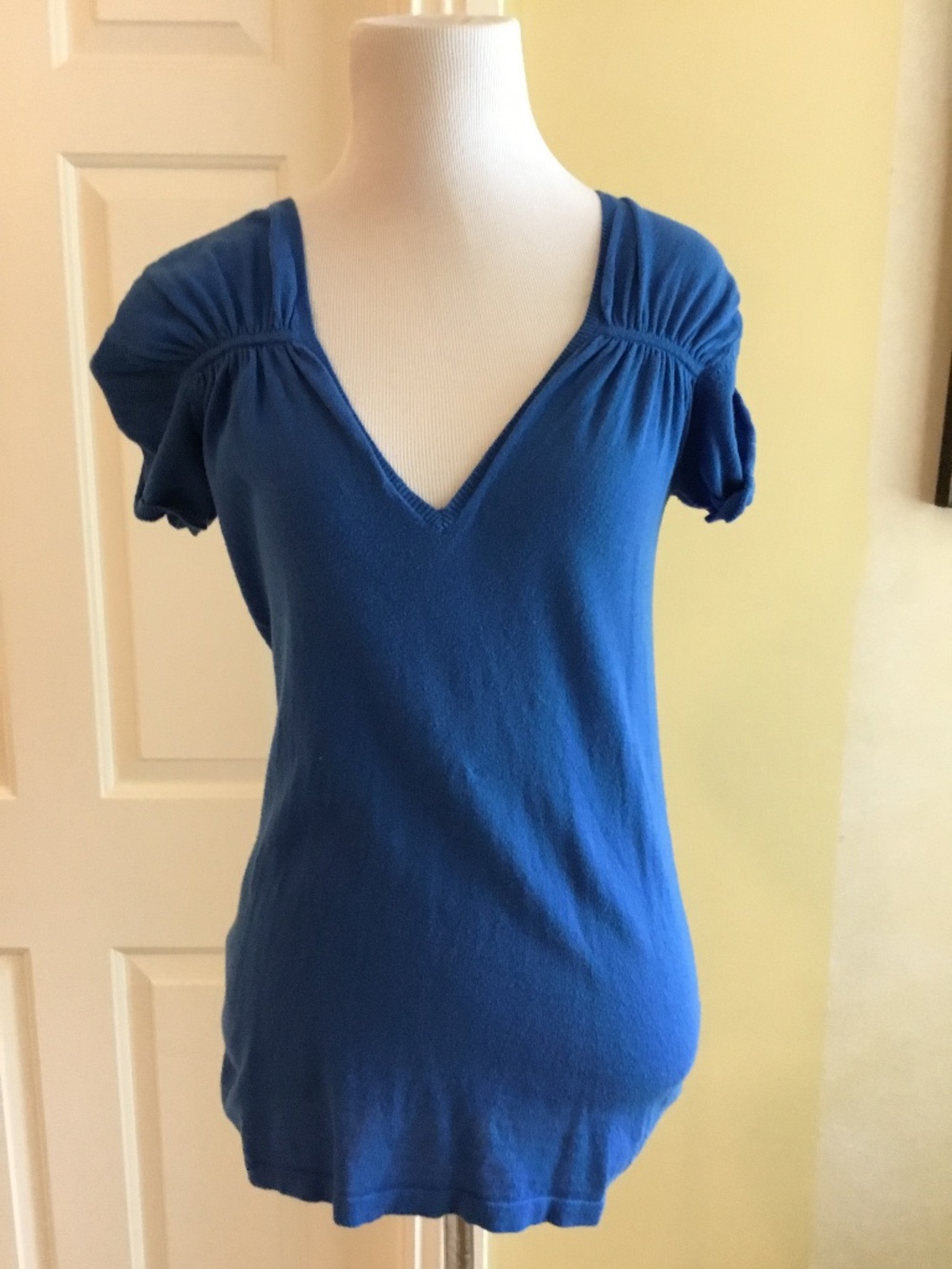 BCBGMAXAZRIA Blue Ruched V-Neck Knit Top